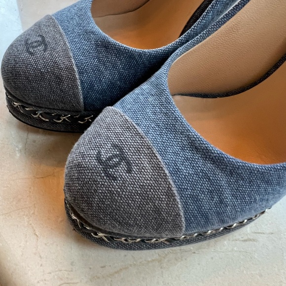 Chanel Denim Chain Around Cap Toe Platform Pumps 40 Blue Gris Fonce - Picture 7 of 7
